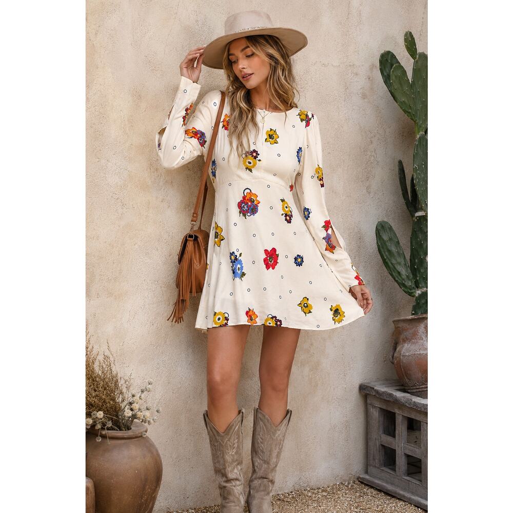 Free People Floral Long Sleeve Mini Dress Cream Boho Peasant Sleeve Size 8